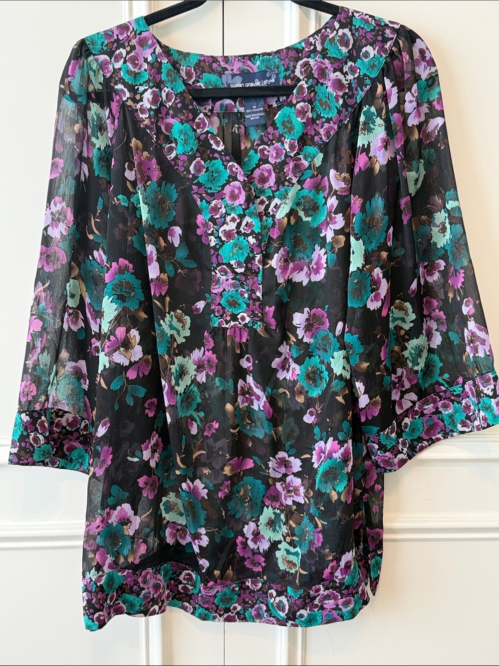 Susan Graver Black Floral V-Neck Blouse with Teal & Purple